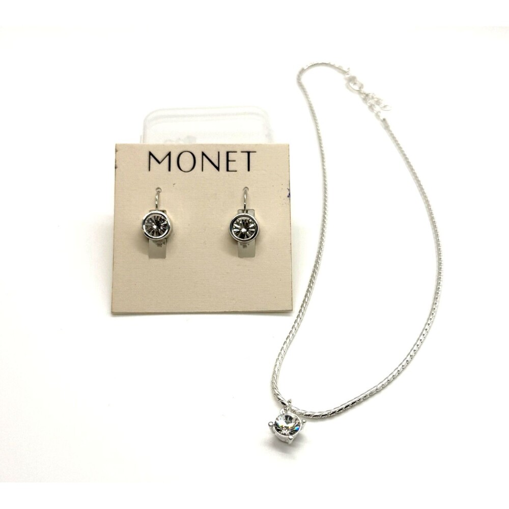 Monet Silver Tone CZ Solitaire Choker Signed Necklace & Earrings Set Bridal